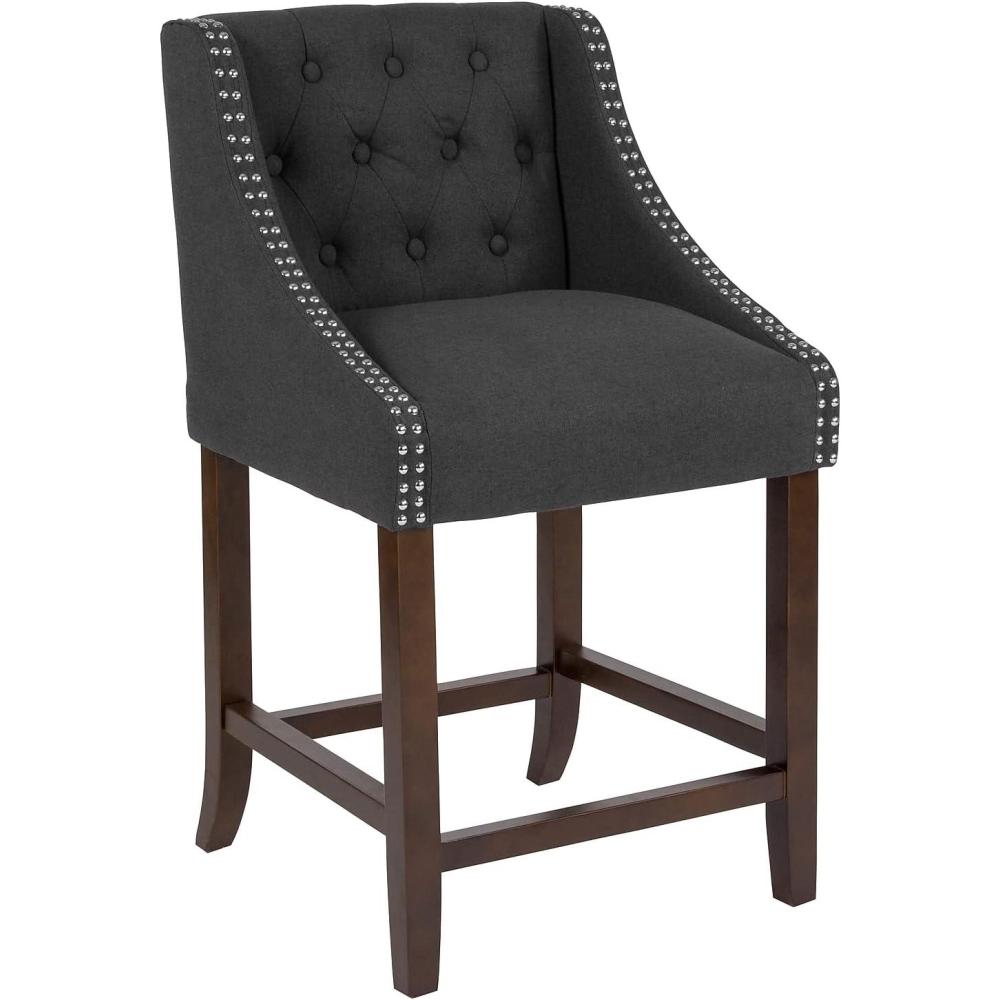 image:imageFlash Furniture Carmel Series 30 High Transitional Tufted Walnut Barstool with Accent Nail Trim in Light Gray LeatherSoftCharcoal Fabric