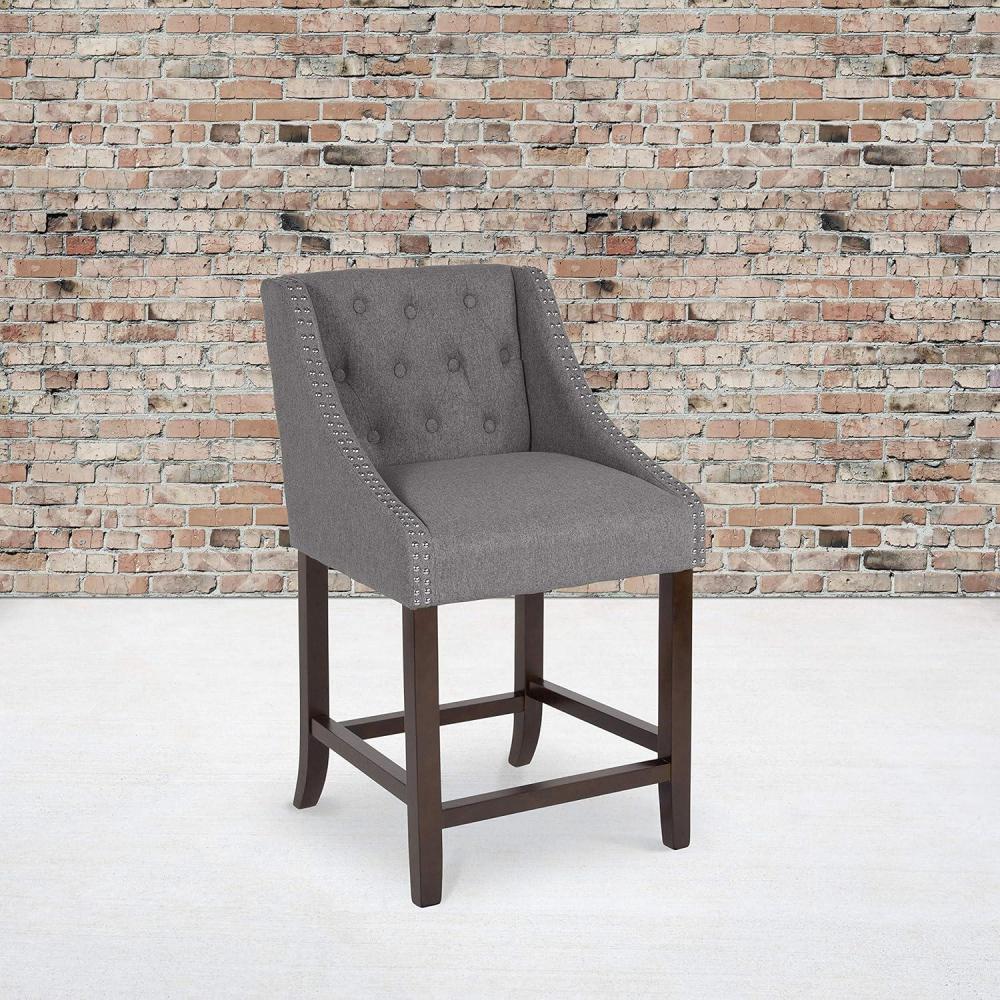 image:imageFlash Furniture Carmel Series 30 High Transitional Tufted Walnut Barstool with Accent Nail Trim in Light Gray LeatherSoftDark Gray Fabric