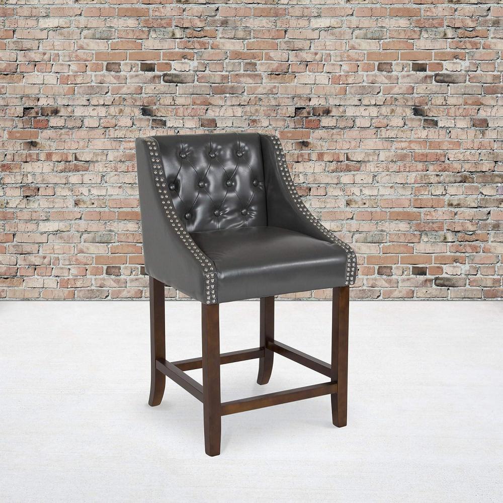 image:imageFlash Furniture Carmel Series 30 High Transitional Tufted Walnut Barstool with Accent Nail Trim in Light Gray LeatherSoftDark Gray Leathersoft