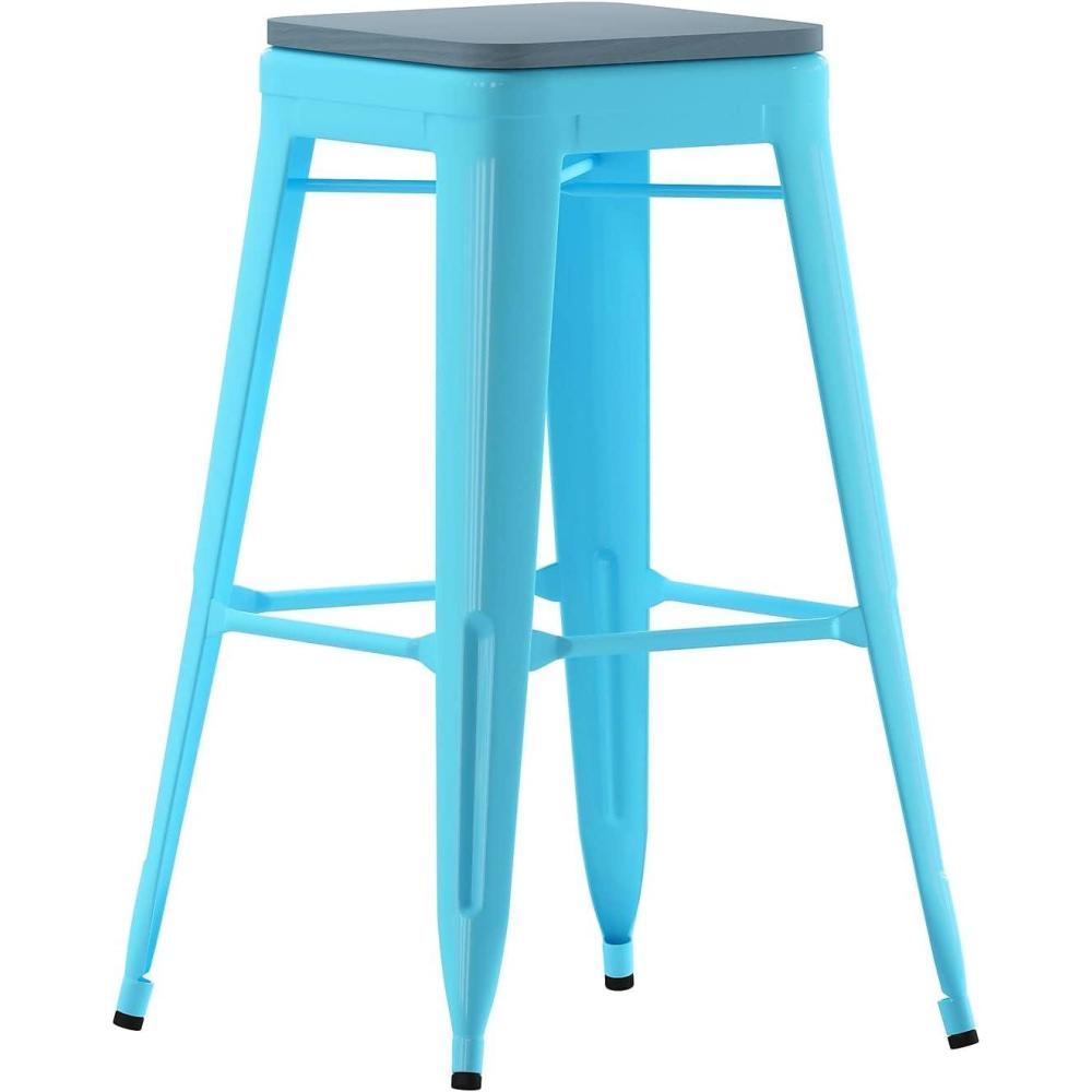 image:imageFlash Furniture Cierra 4 Pack Commercial Indoor Counter Height Stools Silver Galvanized Steel Frame Gray AllWeather Poly Resin Seat 24 High BacklessTealblue Resin Wood SeatTeal Frame