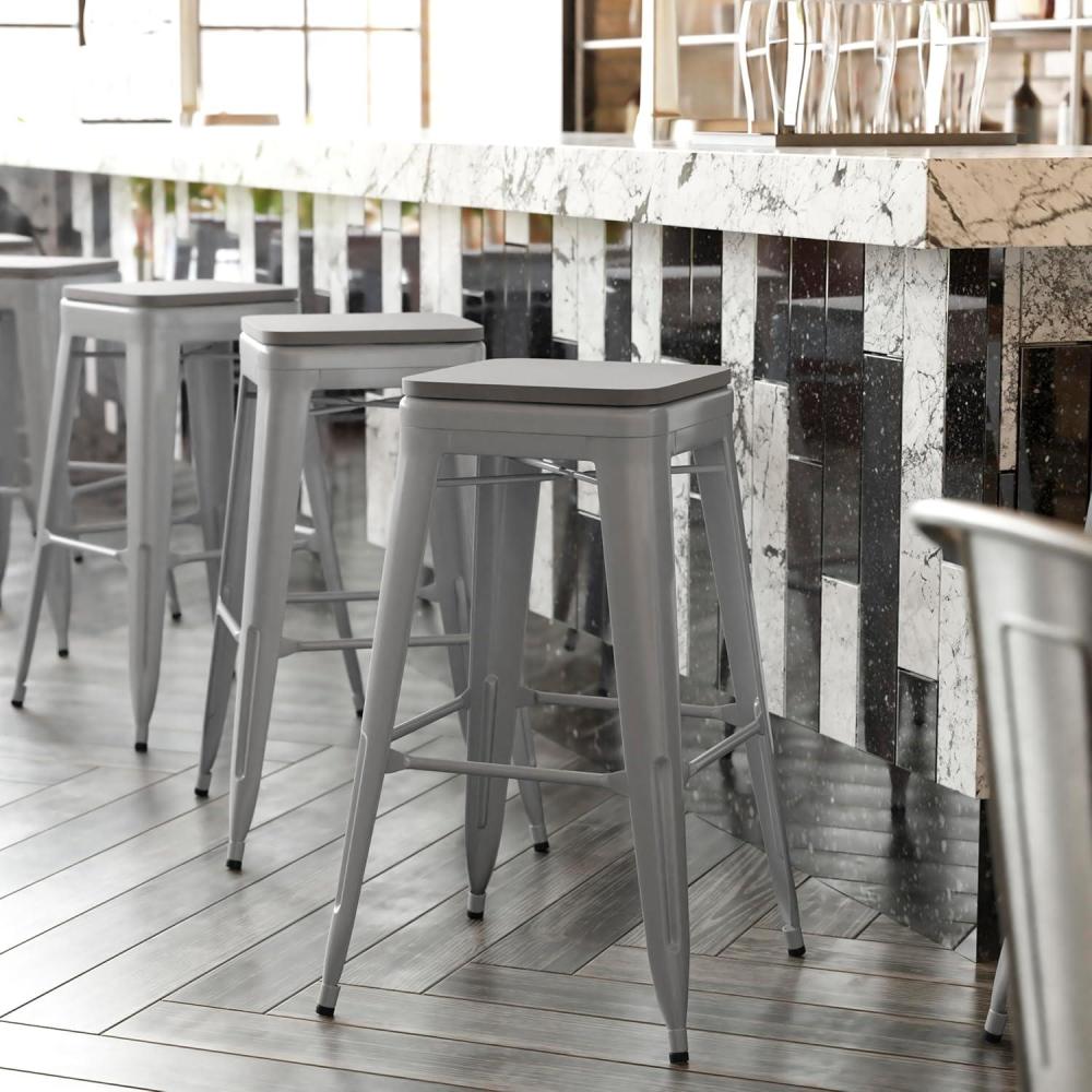 image:imageFlash Furniture Cierra 4 Pack Commercial Indoor Counter Height Stools Silver Galvanized Steel Frame Gray AllWeather Poly Resin Seat 24 High BacklessGray Resin Wood SeatSilver Frame