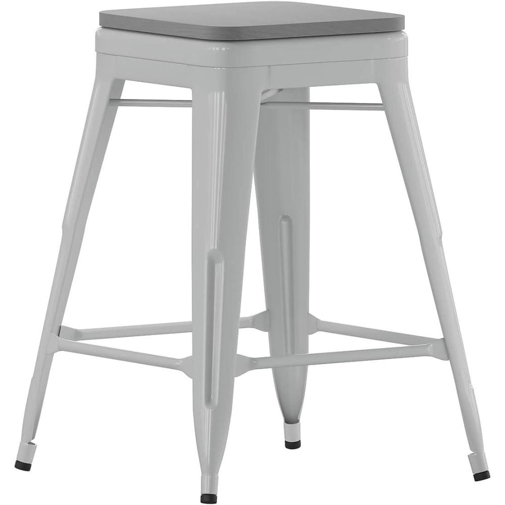 image:imageFlash Furniture Cierra 4 Pack Commercial Indoor Counter Height Stools Silver Galvanized Steel Frame Gray AllWeather Poly Resin Seat 24 High BacklessSilverGray