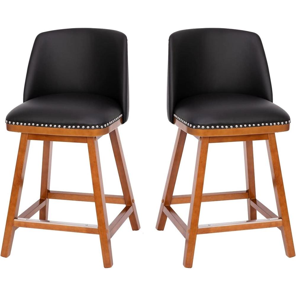 image:imageFlash Furniture Julia Set of 2 Transitional Counter Stools Black LeatherSoft Upholstery Silver Nailhead Trim 24 Inch Walnut Finish Wood Frames
