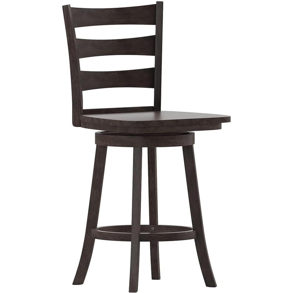 image:imageFlash Furniture Liesel Commercial Grade Classic Ladderback Barstool  Gray Wash Walnut Solid Wood Frame  Counter Height  360 Swivel Seat  Integrated FootrestGray Wash Walnut