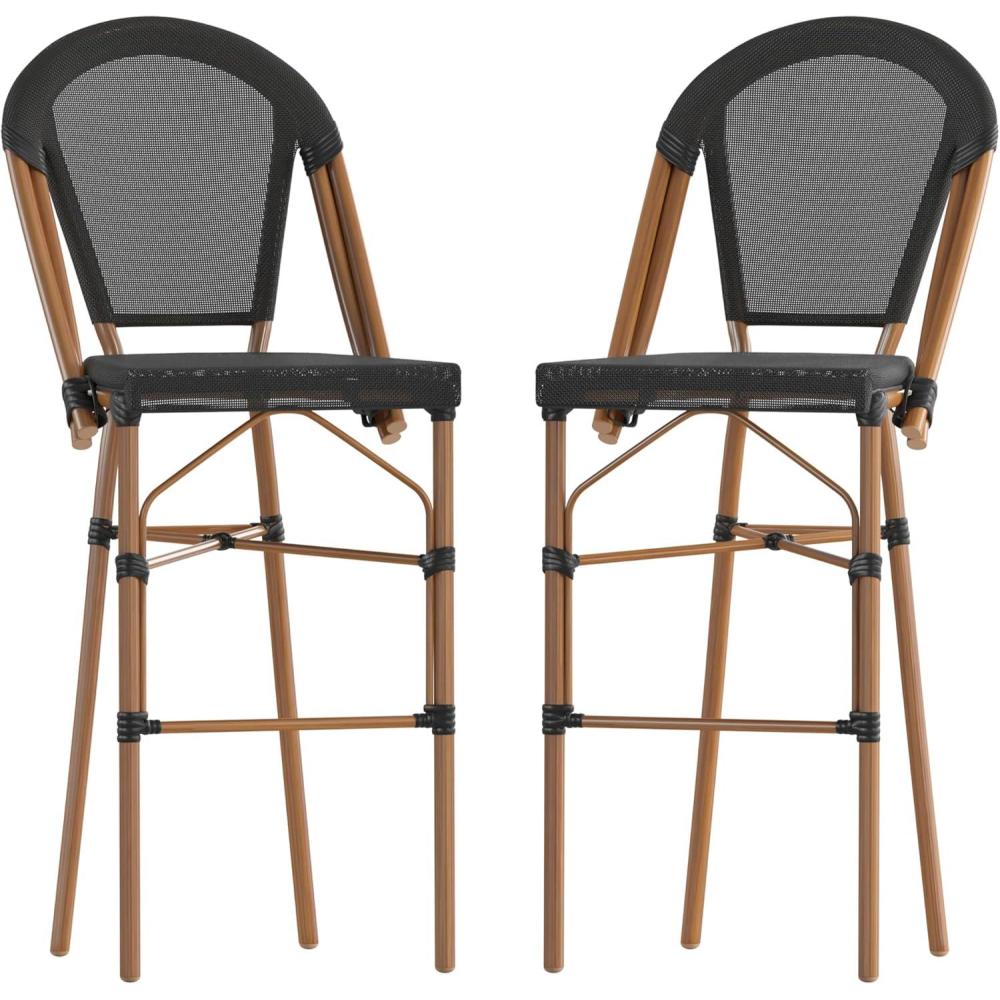 image:imageFlash Furniture Marseille IndoorOutdoor Commercial Bistro Stacking Bar Stool Black Textilene Back and Seat Natural Bamboo Print Metal Frame 2 PackBlackNatural Frame