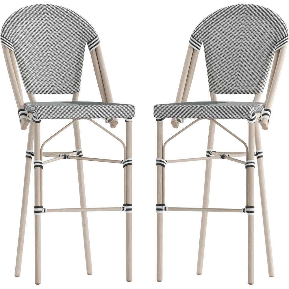 image:imageFlash Furniture Marseille IndoorOutdoor Commercial Bistro Stacking Bar Stool Black Textilene Back and Seat Natural Bamboo Print Metal Frame 2 PackBlack WhiteLight Natural Frame