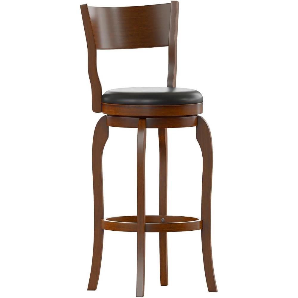image:imageFlash Furniture Nichola Commercial Classic Open Back Barstool  Antique Oak Finish Wood Frame  Black LeatherSoft Seat  Bar Height  360 Swivel Seat  FootrestBlack VinylAntique Oak Frame