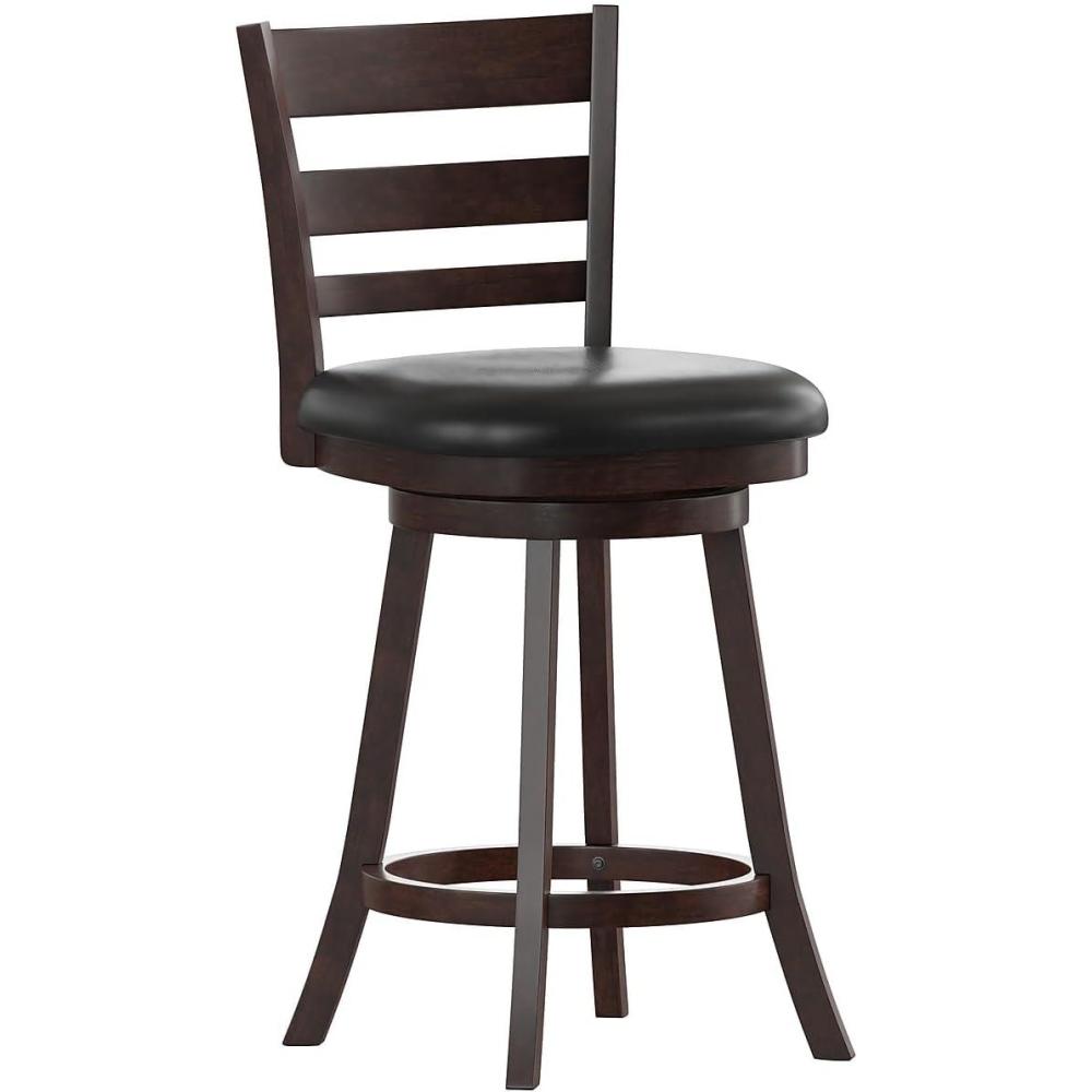 image:imageFlash Furniture Zerrick Commercial Classic Ladderback Barstool Espresso Wood Frame Black LeatherSoft Seat Counter Height 360 Swivel Seat FootrestBlack VinylEspresso Frame