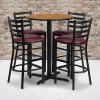Flash Furniture 30” Round Black Laminate Table Set with X-Base and 4 Ladder Back Metal Barstools – Black Vinyl Seat(Natural Top/Burgundy Vinyl Seat)