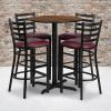 Flash Furniture 30” Round Black Laminate Table Set with X-Base and 4 Ladder Back Metal Barstools – Black Vinyl Seat(Walnut Top/Burgundy Vinyl Seat)