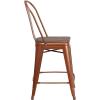 Flash Furniture Carly 24″ High Copper Metal Counter Height Stool with Back and Wood Seat(4)