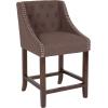 Flash Furniture Carmel Series 30″ High Transitional Tufted Walnut Barstool with Accent Nail Trim in Light Gray LeatherSoft(Brown Fabric)