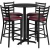 Flash Furniture 30” Round Black Laminate Table Set with X-Base and 4 Ladder Back Metal Barstools – Black Vinyl Seat(Black Top/Burgundy Vinyl Seat)