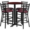 Flash Furniture 30” Round Black Laminate Table Set with X-Base and 4 Ladder Back Metal Barstools – Black Vinyl Seat(Mahogany Top/Burgundy Vinyl Seat)