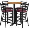 Flash Furniture 30” Round Black Laminate Table Set with X-Base and 4 Ladder Back Metal Barstools – Black Vinyl Seat(Natural Top/Burgundy Vinyl Seat)