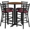 Flash Furniture 30” Round Black Laminate Table Set with X-Base and 4 Ladder Back Metal Barstools – Black Vinyl Seat(Walnut Top/Burgundy Vinyl Seat)