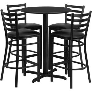 Flash Furniture 30” Round Black Laminate Table Set with X-Base and 4 Ladder Back Metal Barstools – Black Vinyl Seat(Black)