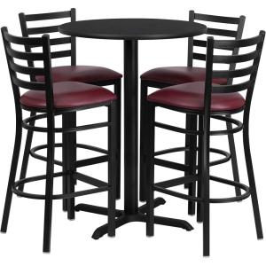Flash Furniture 30” Round Black Laminate Table Set with X-Base and 4 Ladder Back Metal Barstools – Black Vinyl Seat(Black Top/Burgundy Vinyl Seat)