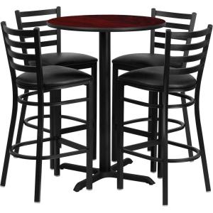 Flash Furniture 30” Round Black Laminate Table Set with X-Base and 4 Ladder Back Metal Barstools – Black Vinyl Seat(Mahogany Top/Black Vinyl Seat)