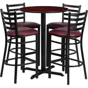 Flash Furniture 30” Round Black Laminate Table Set with X-Base and 4 Ladder Back Metal Barstools – Black Vinyl Seat(Mahogany Top/Burgundy Vinyl Seat)