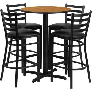 Flash Furniture 30” Round Black Laminate Table Set with X-Base and 4 Ladder Back Metal Barstools – Black Vinyl Seat(Natural Top/Black Vinyl Seat)