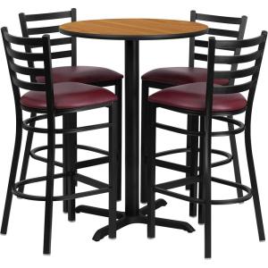 Flash Furniture 30” Round Black Laminate Table Set with X-Base and 4 Ladder Back Metal Barstools – Black Vinyl Seat(Natural Top/Burgundy Vinyl Seat)