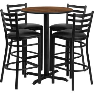 Flash Furniture 30” Round Black Laminate Table Set with X-Base and 4 Ladder Back Metal Barstools – Black Vinyl Seat(Walnut Top/Black Vinyl Seat)