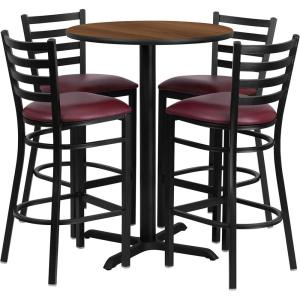 Flash Furniture 30” Round Black Laminate Table Set with X-Base and 4 Ladder Back Metal Barstools – Black Vinyl Seat(Walnut Top/Burgundy Vinyl Seat)