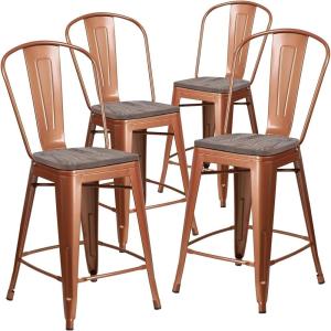 Flash Furniture Carly 24″ High Copper Metal Counter Height Stool with Back and Wood Seat(4)