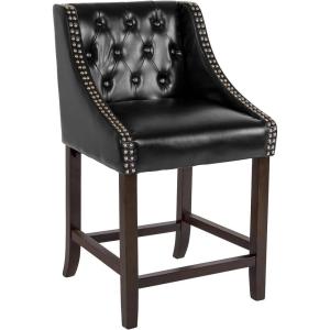 Flash Furniture Carmel Series 30″ High Transitional Tufted Walnut Barstool with Accent Nail Trim in Light Gray LeatherSoft(Black Leathersoft)
