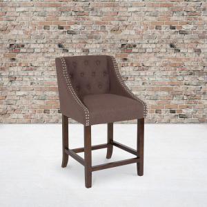 Flash Furniture Carmel Series 30″ High Transitional Tufted Walnut Barstool with Accent Nail Trim in Light Gray LeatherSoft(Brown Fabric)