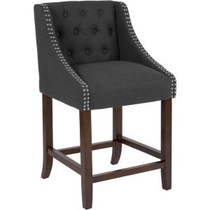 Flash Furniture Carmel Series 30″ High Transitional Tufted Walnut Barstool with Accent Nail Trim in Light Gray LeatherSoft(Charcoal Fabric)