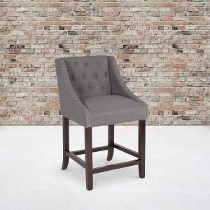 Flash Furniture Carmel Series 30″ High Transitional Tufted Walnut Barstool with Accent Nail Trim in Light Gray LeatherSoft(Dark Gray Fabric)
