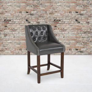 Flash Furniture Carmel Series 30″ High Transitional Tufted Walnut Barstool with Accent Nail Trim in Light Gray LeatherSoft(Dark Gray Leathersoft)