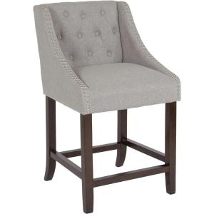 Flash Furniture Carmel Series 30″ High Transitional Tufted Walnut Barstool with Accent Nail Trim in Light Gray LeatherSoft(Light Gray Fabric)