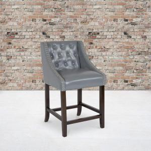 Flash Furniture Carmel Series 30″ High Transitional Tufted Walnut Barstool with Accent Nail Trim in Light Gray LeatherSoft(Light Gray Leather)
