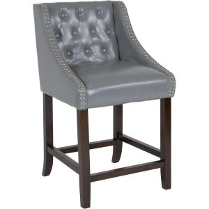 Flash Furniture Carmel Series 30″ High Transitional Tufted Walnut Barstool with Accent Nail Trim in Light Gray LeatherSoft(Light Gray Leathersoft)