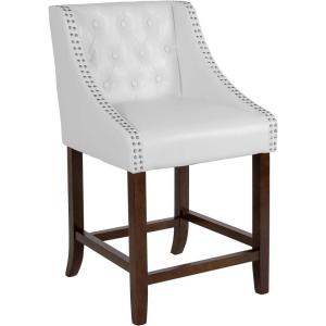Flash Furniture Carmel Series 30″ High Transitional Tufted Walnut Barstool with Accent Nail Trim in Light Gray LeatherSoft(White Leathersoft)