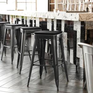 Flash Furniture Cierra 4 Pack Commercial Indoor Counter Height Stools – Silver Galvanized Steel Frame – Gray All-Weather Poly Resin Seat – 24″ High – Backless(Black Resin Wood Seat/Black Frame)