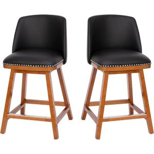 Flash Furniture Julia Set of 2 Transitional Counter Stools – Black LeatherSoft Upholstery – Silver Nailhead Trim – 24 Inch – Walnut Finish Wood Frames