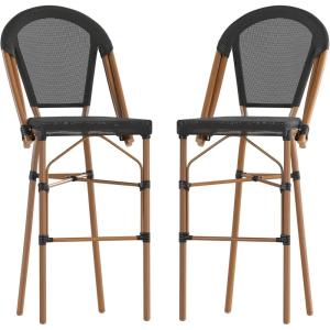 Flash Furniture Marseille Indoor/Outdoor Commercial Bistro Stacking Bar Stool – Black Textilene Back and Seat – Natural Bamboo Print Metal Frame, 2 Pack(Black/Natural Frame)