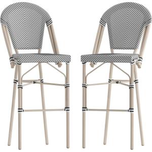 Flash Furniture Marseille Indoor/Outdoor Commercial Bistro Stacking Bar Stool – Black Textilene Back and Seat – Natural Bamboo Print Metal Frame, 2 Pack(Black & White/Light Natural Frame)
