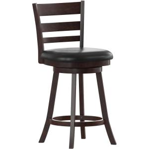 Flash Furniture Zerrick Commercial Classic Ladderback Barstool – Espresso Wood Frame – Black LeatherSoft Seat – Counter Height – 360° Swivel Seat – Footrest(Black Vinyl/Espresso Frame)