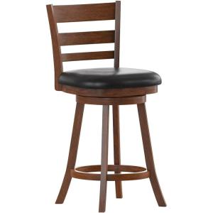 Flash Furniture Zerrick Commercial Classic Ladderback Barstool – Espresso Wood Frame – Black LeatherSoft Seat – Counter Height – 360° Swivel Seat – Footrest(Black Vinyl/Antique Oak Frame)