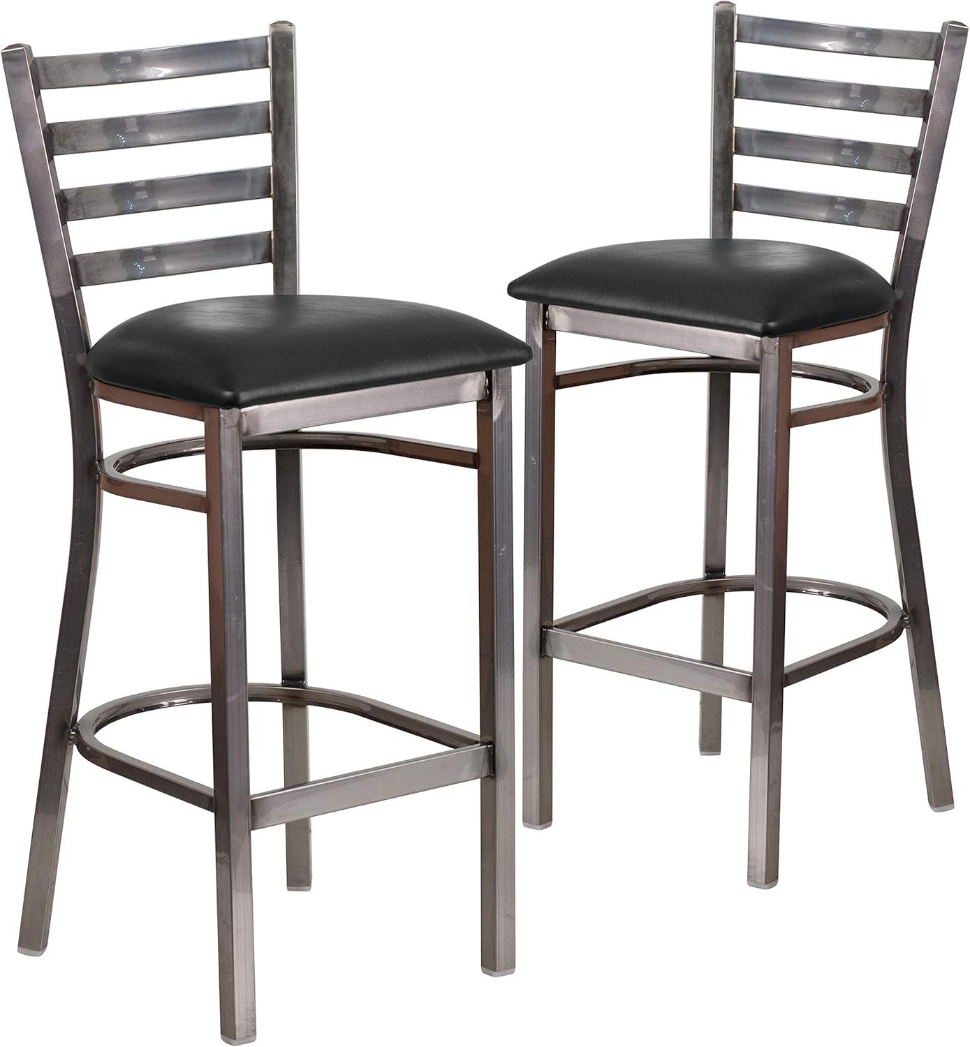image:imageFlash Furniture 2 Pack HERCULES Series Silver Antique Finish with Clear Coat Ladder Back Metal Restaurant Barstool Walnut Wood SeatBlack Vinyl SeatClear Coated Metal Frame