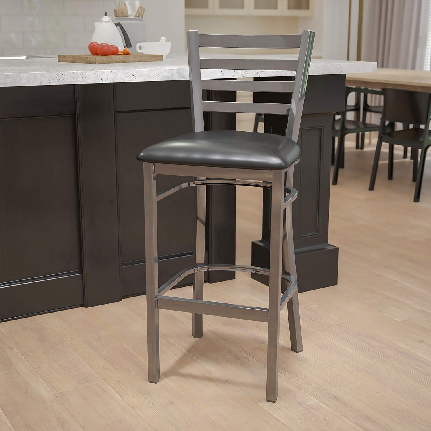 image:imageFlash Furniture 2 Pack HERCULES Series Silver Antique Finish with Clear Coat Ladder Back Metal Restaurant Barstool Walnut Wood SeatBlack Vinyl SeatClear Coated Metal Frame