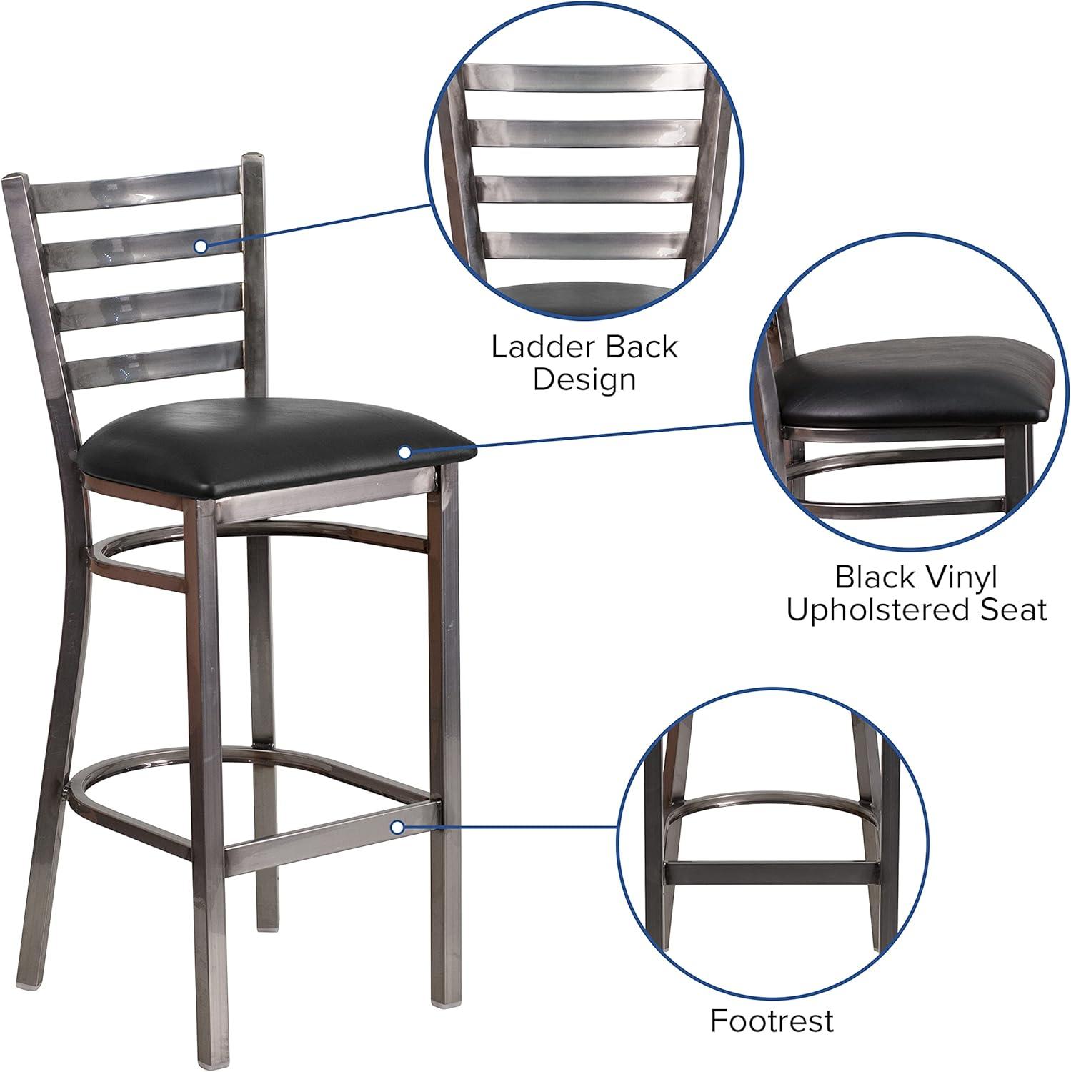 image:imageFlash Furniture 2 Pack HERCULES Series Silver Antique Finish with Clear Coat Ladder Back Metal Restaurant Barstool Walnut Wood SeatBlack Vinyl SeatClear Coated Metal Frame