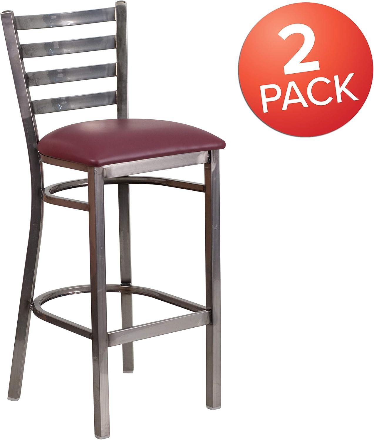 image:imageFlash Furniture 2 Pack HERCULES Series Silver Antique Finish with Clear Coat Ladder Back Metal Restaurant Barstool Walnut Wood SeatBurgundy Vinyl SeatClear Coated Metal Frame