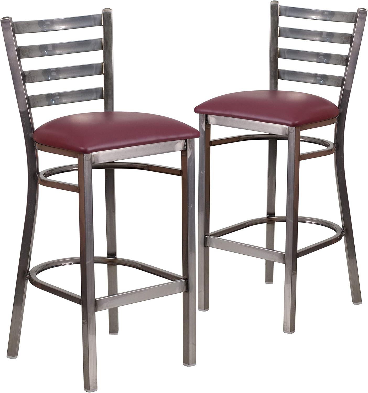 image:imageFlash Furniture 2 Pack HERCULES Series Silver Antique Finish with Clear Coat Ladder Back Metal Restaurant Barstool Walnut Wood SeatBurgundy Vinyl SeatClear Coated Metal Frame