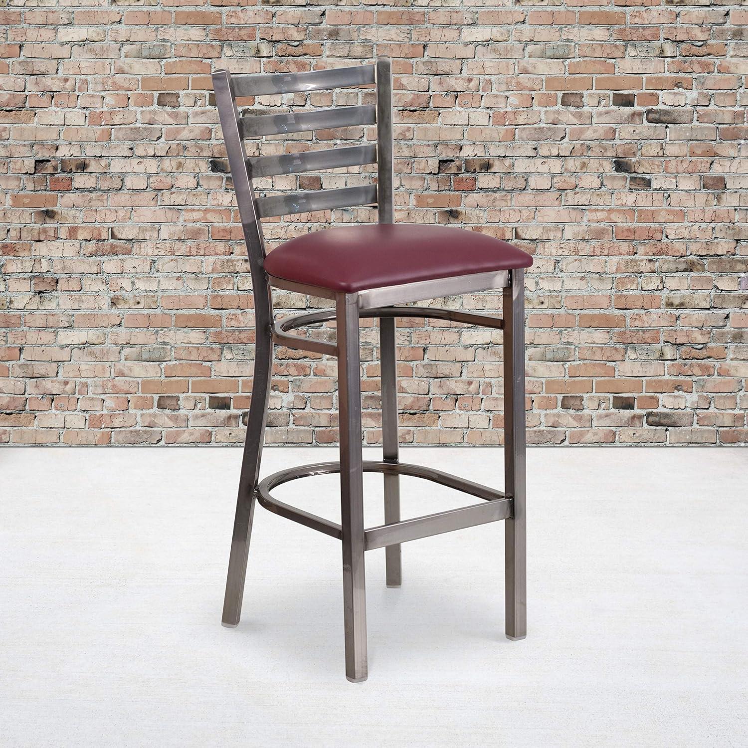 image:imageFlash Furniture 2 Pack HERCULES Series Silver Antique Finish with Clear Coat Ladder Back Metal Restaurant Barstool Walnut Wood SeatBurgundy Vinyl SeatClear Coated Metal Frame